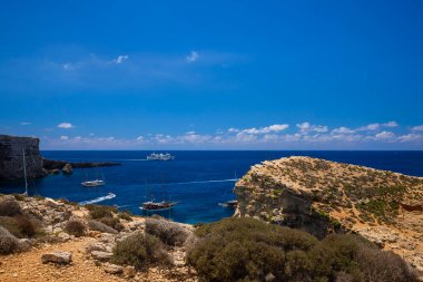 Comino, Malta 11 Temmuz 2022. Ünlü Mavi Göl 'ün görüntüleri. Malta.