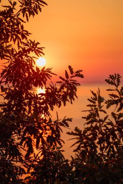 red sunrise reflected over a water on a summer day