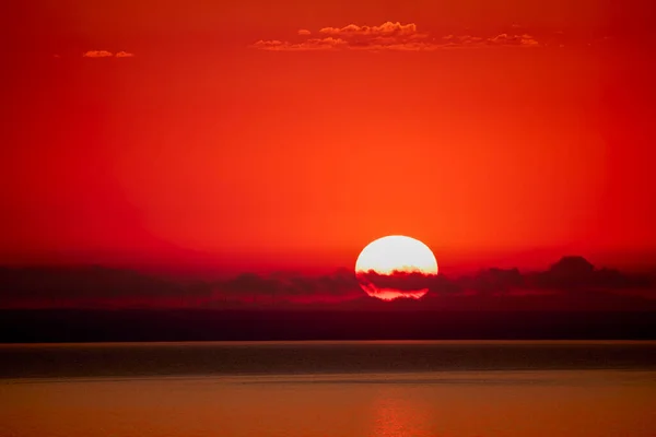 Red Sunrise Reflected Water Summer Day — Stockfoto