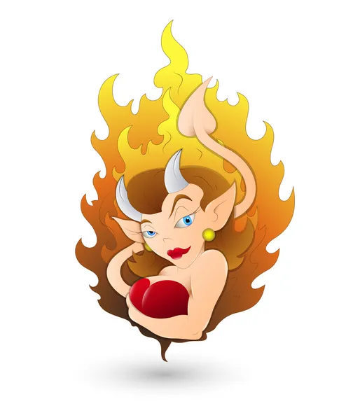 Mignon diable femme avec des flammes — Image vectorielle