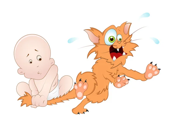 Naughty Baby with Cat - Vector — Stock Vector