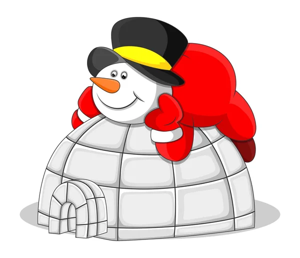Snowman with Igloo House - Christmas Vector Illustration — Stock Vector