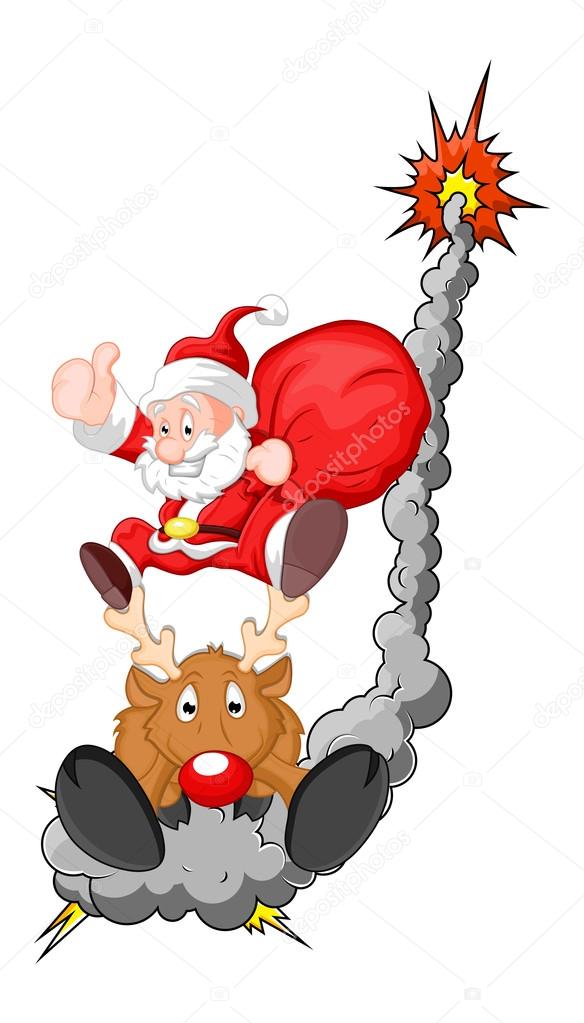 Funny Santa with Reindeer - Christmas Vector Illustration