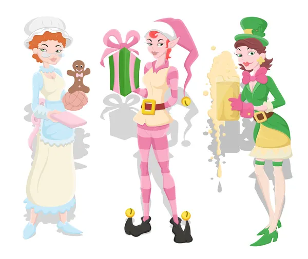 Jolies filles avec différents costumes de fête — Image vectorielle