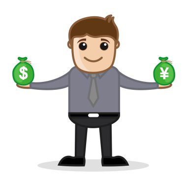 Comparing Currency - Office and Business Cartoon Character Vector Illustration Concept & Pose