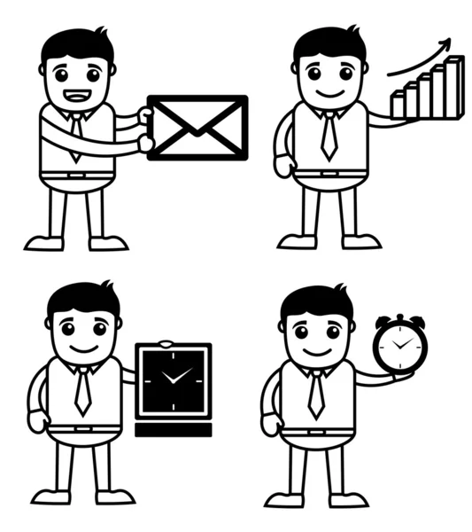 Büro-Vektor Zeichentrickfigur Illustration - verschiedene Posen - E-Mail, Zeit & Statistiken — Stockvektor