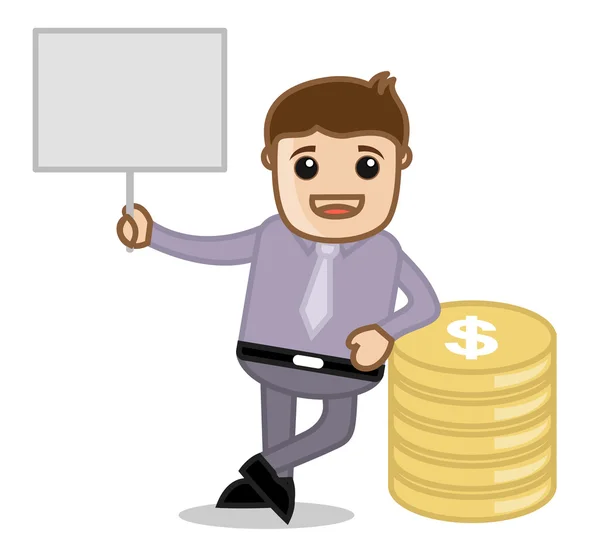 Con Banner y Moneda - Oficina y Negocios Caricatura Personaje Vector Ilustración Concepto — Vector de stock