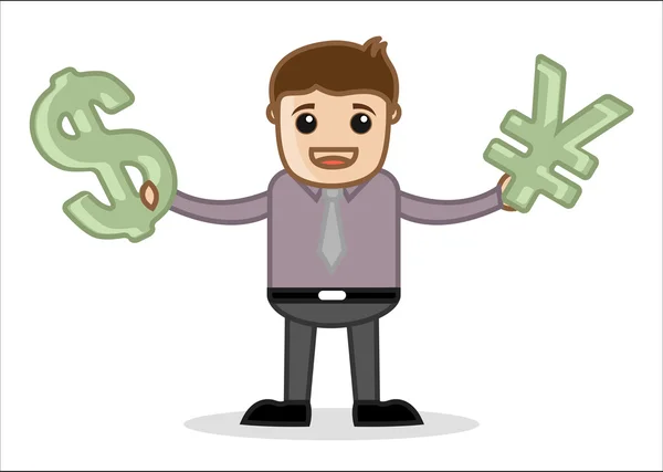 Simbolo di valuta in possesso - Concetto di illustrazione vettoriale del personaggio del cartone animato per ufficio e affari — Vettoriale Stock