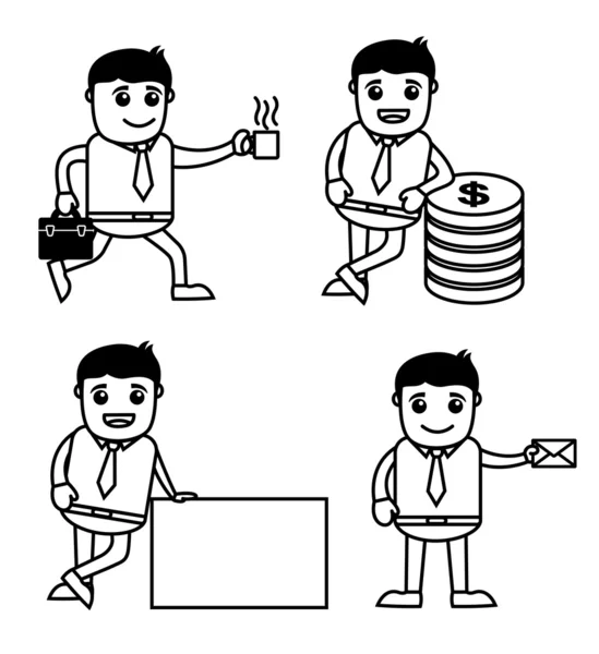 Мультфильм офисного работника - E-mail, валюта, знамя и кофе — стоковый вектор