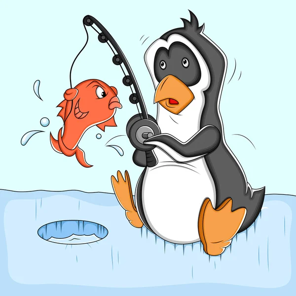 Fishing Cartoon Penguin Vector Illustration — Stock Vector