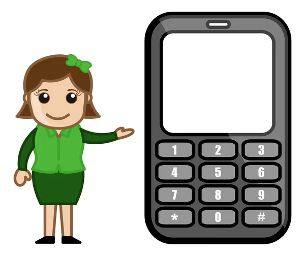 Девушка представляет телефон - векторная иллюстрация — стоковый вектор