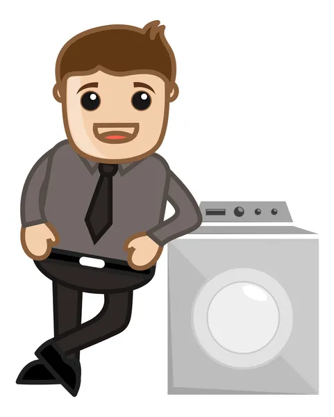 Uomo in piedi con lavatrice - Illustrazione vettoriale — Vettoriale Stock