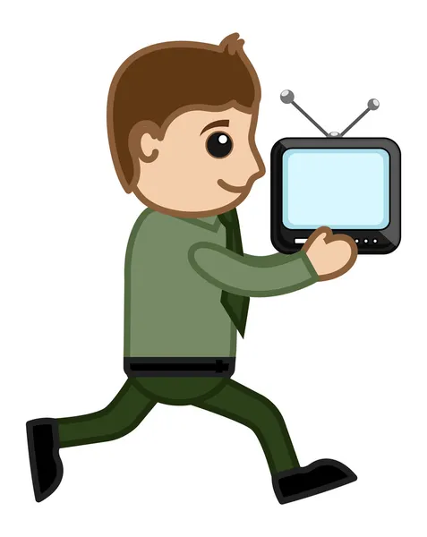 Man Running Having TV in His Hands - Vector Illustration — Stock Vector