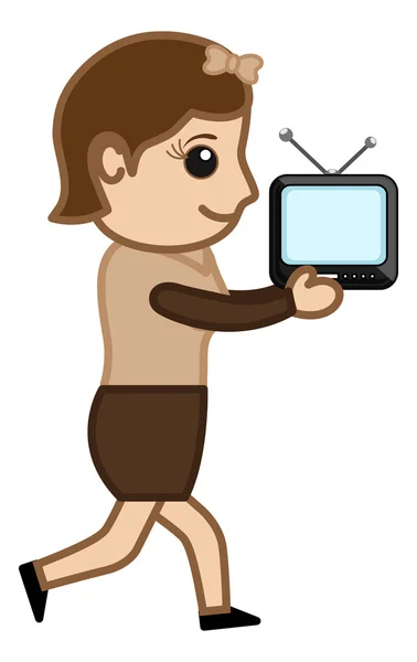 Chica corriendo con TV - Ilustración vectorial — Vector de stock