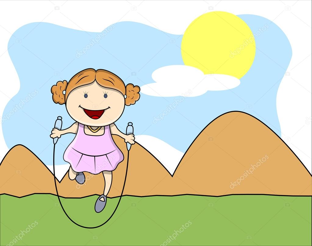 Girl Skipping Rope - Kids - Vector Illustration