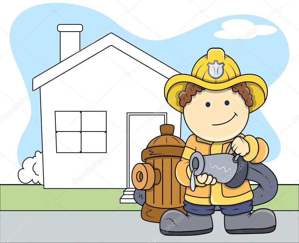 illustrazione vettoriale pompiere bambini — Vettoriali Stock Disegno l arte del fumetto giovane vigile del fuoco tenendo illustrazione vettoriale di acqua tubo idrante — Vettoriali di baavli