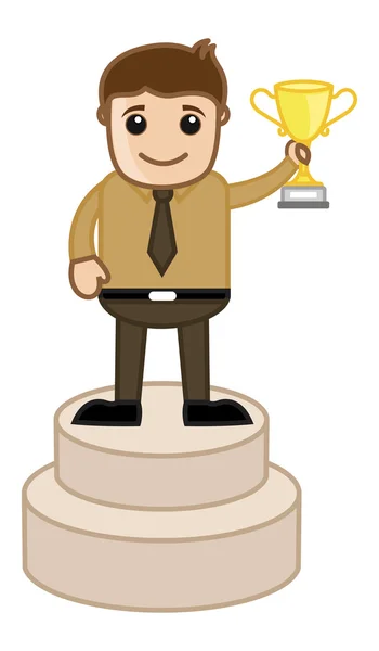 Man Standing on Podium Holding a Trophy Cup - Cartoon Office Vector Illustration — Stock Vector