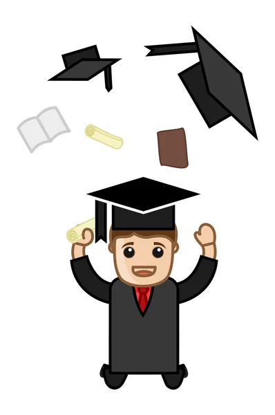 Man Jumping in Graduation Day Dress - Cartoon Office Vector Illustration — Stock Vector