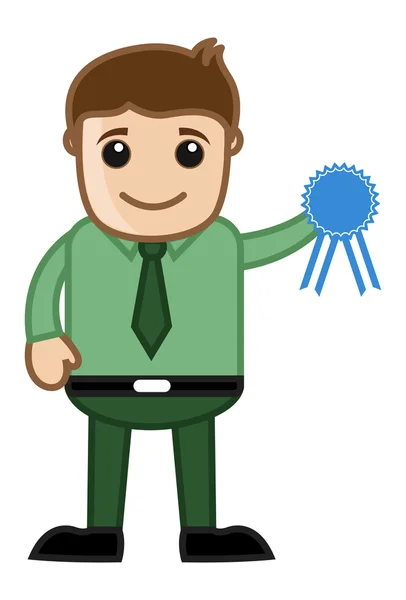 Man met blauwe badge - cartoon office vectorillustratie — Stockvector