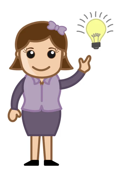 Dívka s myšlenkou žárovky - kreslený úřadu vektorové ilustrace — Stockový vektor