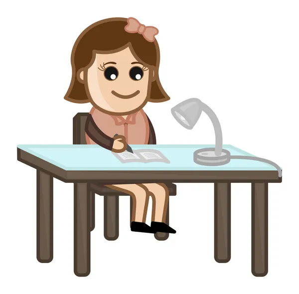 Girl Writing Under Table Lamp - Cartoon Office Vector Illustration — Stock Vector