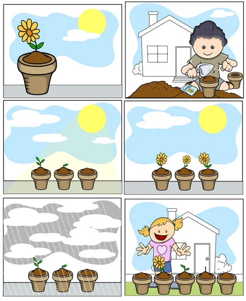 Kids Vector Illustration: Planting and Gardening in Cartoon Style (dalam bahasa Inggris). - Stok Vektor