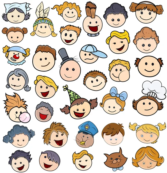 Várias crianças rostos felizes - Ilustrações vetoriais — Vetor de Stock