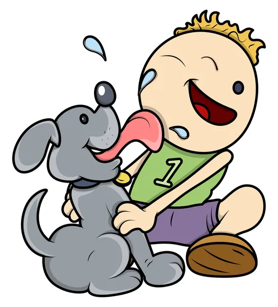 Dog Licking Face of Kid - Vector Illustrations — Stock Vector