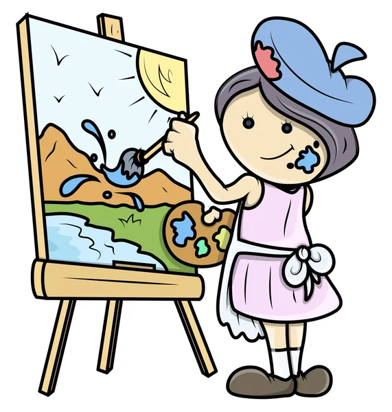 Chica de dibujos animados pintando un paisaje sobre lienzo - Vector Ilustraciones — Archivo Imágenes Vectoriales