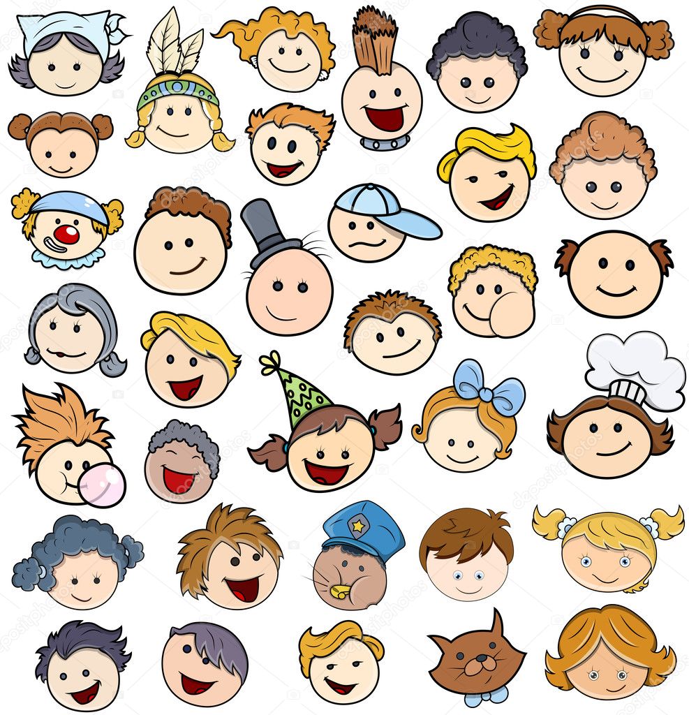 Various Kids Happy Faces - Vector Illustrations