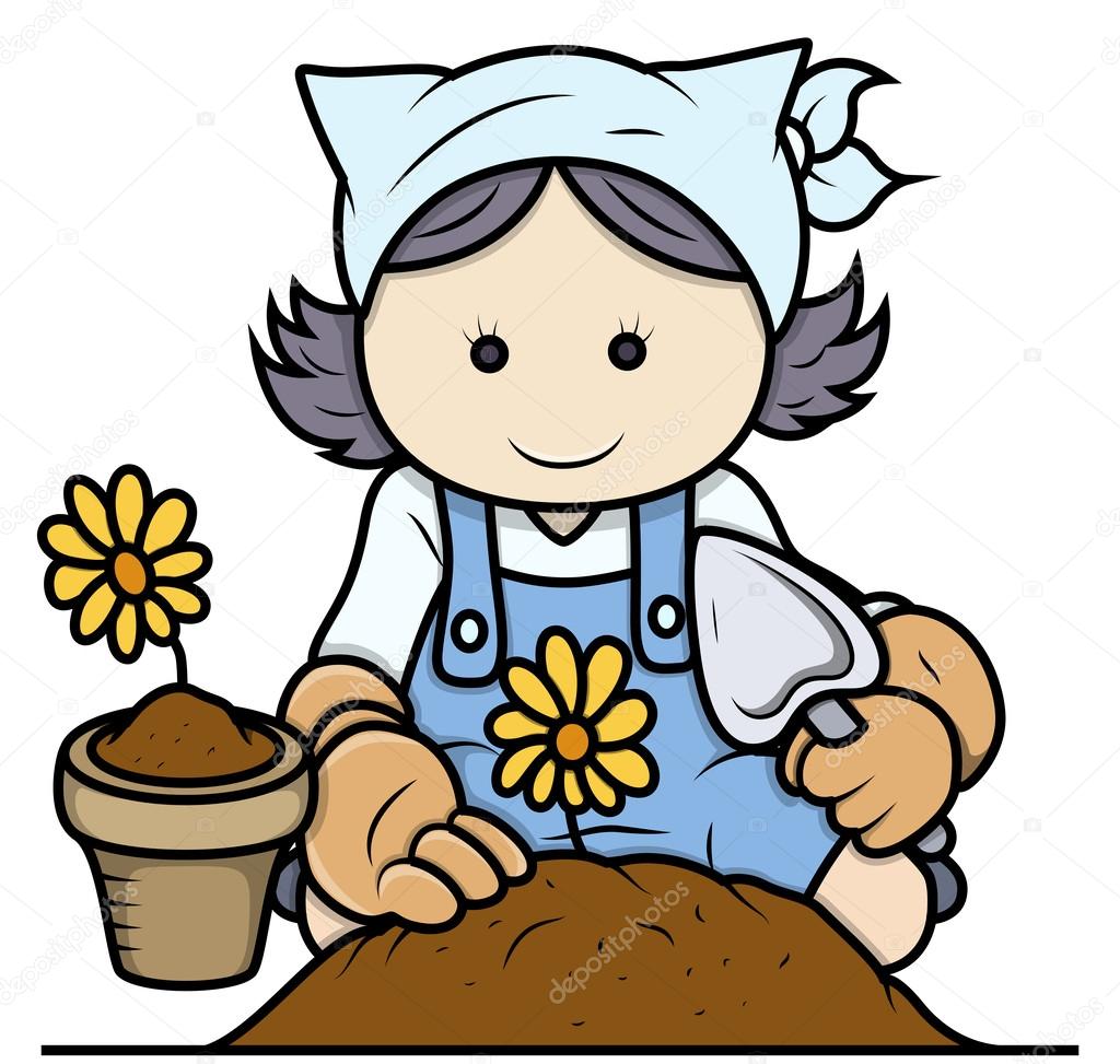 Cartoon Girl Gardening - Vector Illustrations