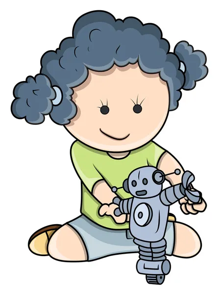 Small Girl Playing with Robots - Vector Cartoon Illustration — Stock Vector