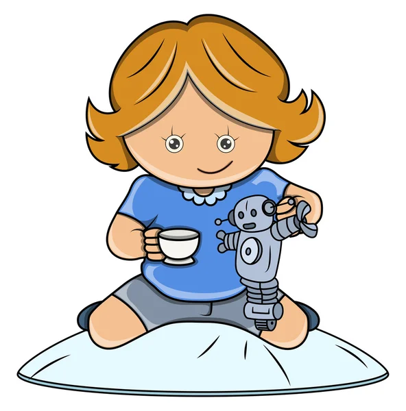 Little Girl Playing with Robot - Vector Cartoon Illustration — Stock Vector