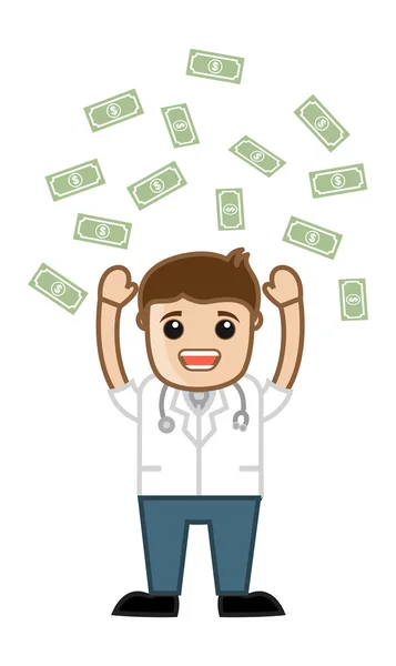 Successful Doctor in Money Rain - Medical Cartoon Characters — Stock Vector