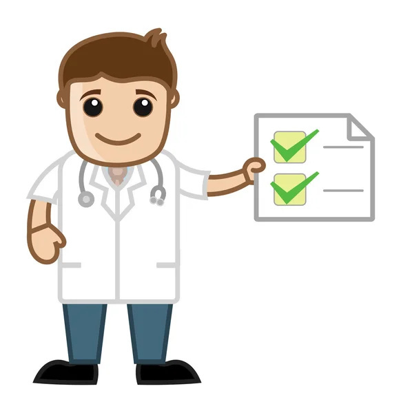 Médico mostrando informe médico - Consejos de salud - Personajes de dibujos animados de oficina — Vector de stock
