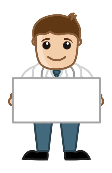 Doctor Holding Blank Banner Personagens de desenhos animados de escritório —  Vetores de Stock