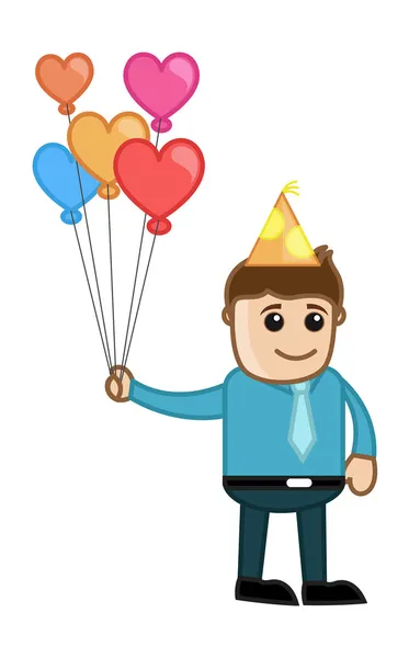 Homem segurando balões - Personagem de negócios de desenhos animados — Vetor de Stock