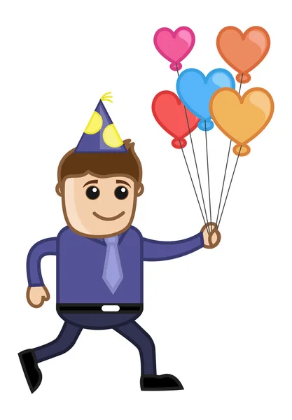 Hombre con globos en fiesta - Personaje de dibujos animados de negocios — Vector de stock