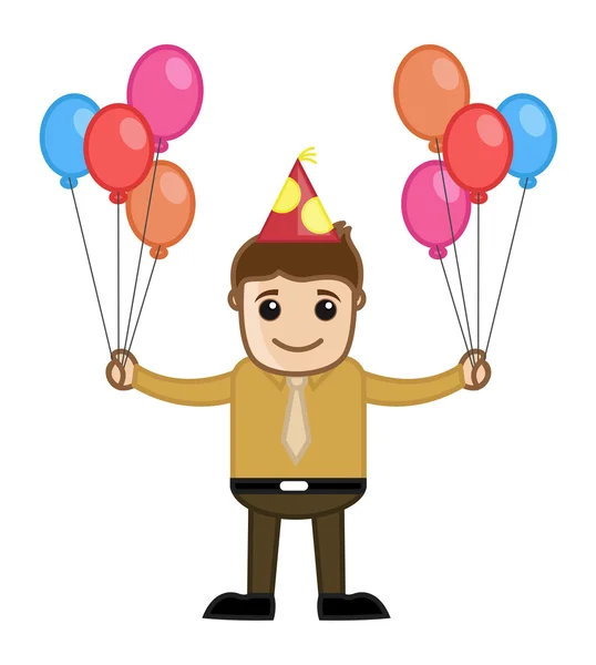 Hombre sosteniendo globos - Personaje de dibujos animados de negocios — Vector de stock