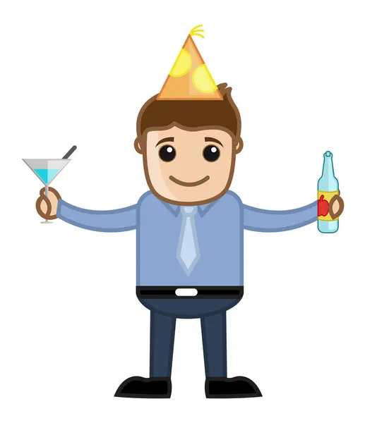 Uomo bere vino in festa Cartoon Business Character — Vettoriale Stock