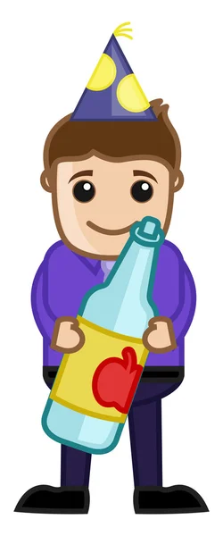 Uomo con bottiglia da bere in festa Cartoon Business Character — Vettoriale Stock