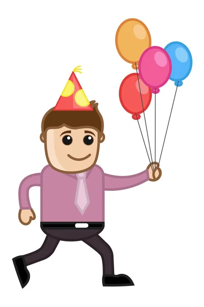 Mann läuft mit Luftballons - Cartoon-Geschäftsfigur — Stockvektor