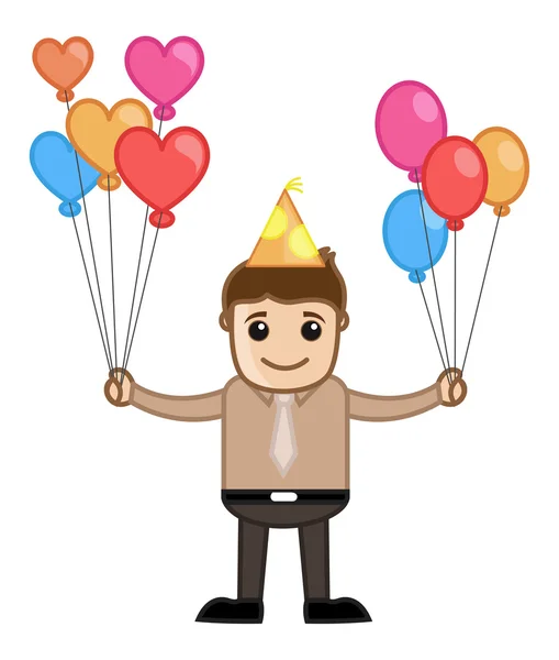 Man met veel ballonnen - business stripfiguur — Stockvector