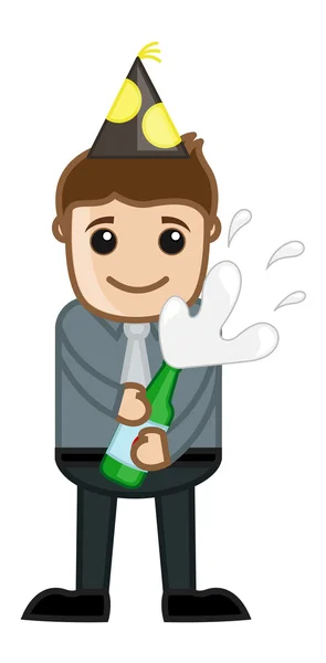 Man Opening Champagne Bottle - Cartoon Business Character — Stock Vector