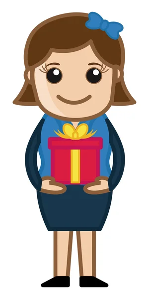 Dame tenant boîte-cadeau - personnage d'affaires de bande dessinée — Image vectorielle