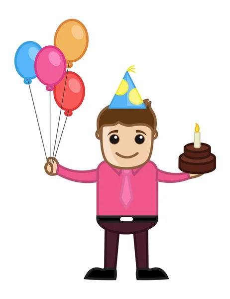 Celebración del hombre con pastel y globos - Personaje de dibujos animados de negocios — Vector de stock