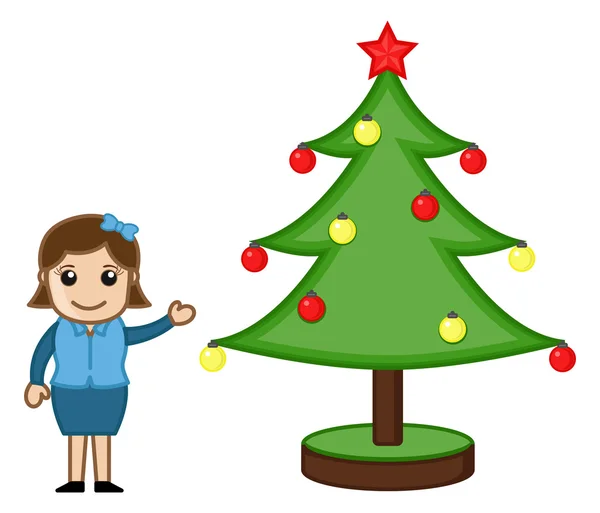 Office dame met kerstboom op Kerstmis - business stripfiguren — Stockvector