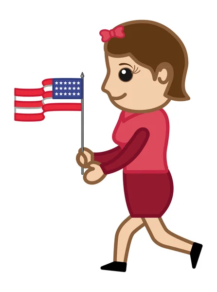 Dame patriotique avec drapeau des États-Unis le 4 juillet - Personnages d'affaires de bande dessinée — Image vectorielle