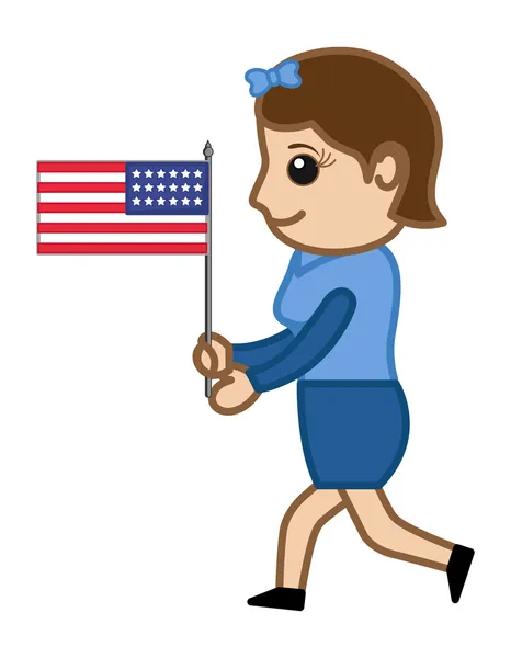 Mujer corriendo con la bandera de Estados Unidos - Personajes de dibujos animados de negocios — Vector de stock