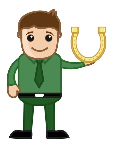 Muž, prezentující štěstí podkovy na St. Patrick je den - kreslené postavičky podnikání — Stockový vektor